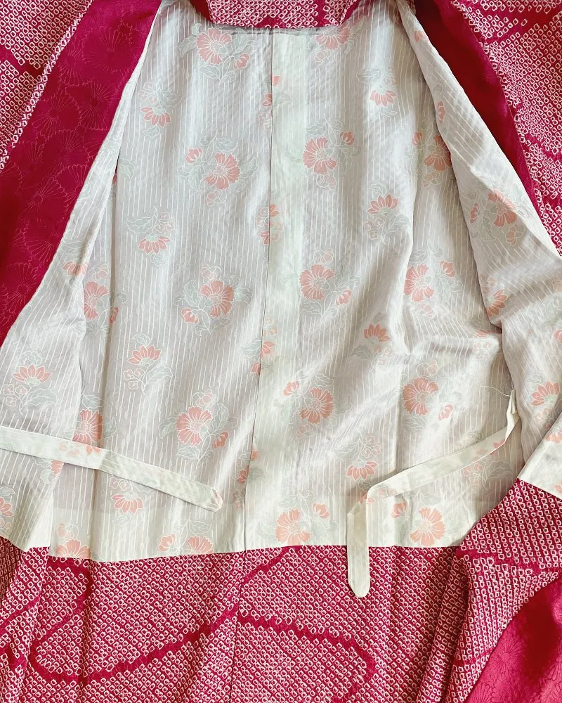 Fun Wavy Camellia Shibori Haori Kimono Michiyuki Wrap Jacket