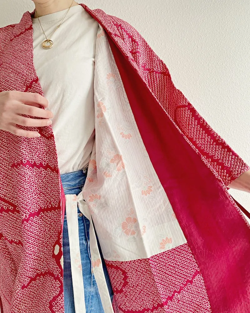 Fun Wavy Camellia Shibori Haori Kimono Michiyuki Wrap Jacket