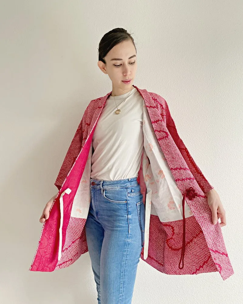 Fun Wavy Camellia Shibori Haori Kimono Michiyuki Wrap Jacket
