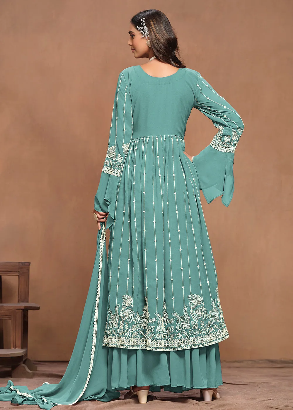 Georgette Mint Teal Embroidered Festive Palazzo Suit