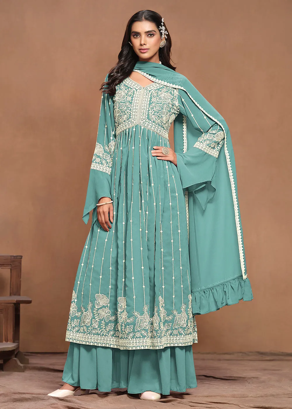 Georgette Mint Teal Embroidered Festive Palazzo Suit