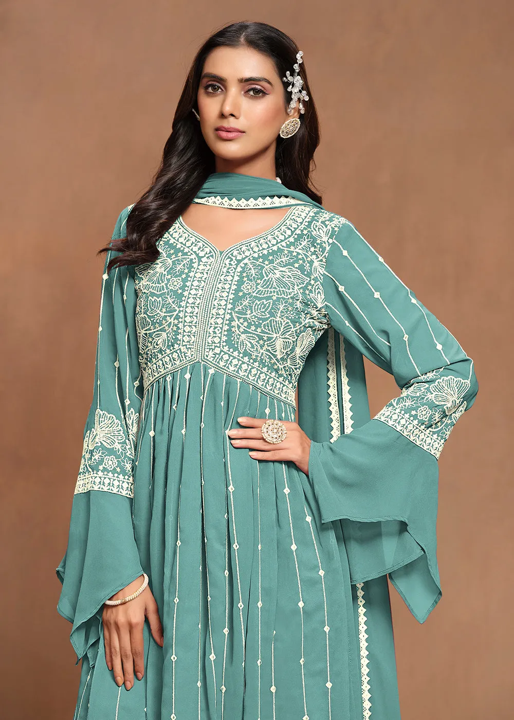 Georgette Mint Teal Embroidered Festive Palazzo Suit