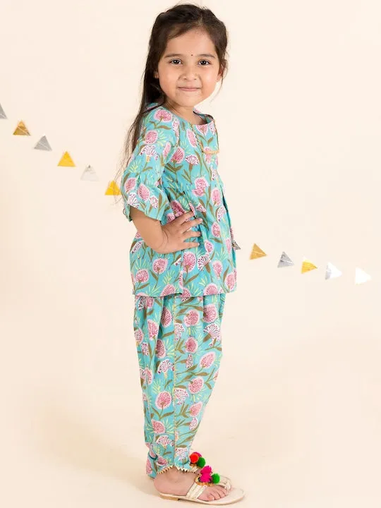 Girls Blue Floral Embroidered Angrakha Gotta Patti Pure Cotton Top With Dhoti Pants - Ps Peaches