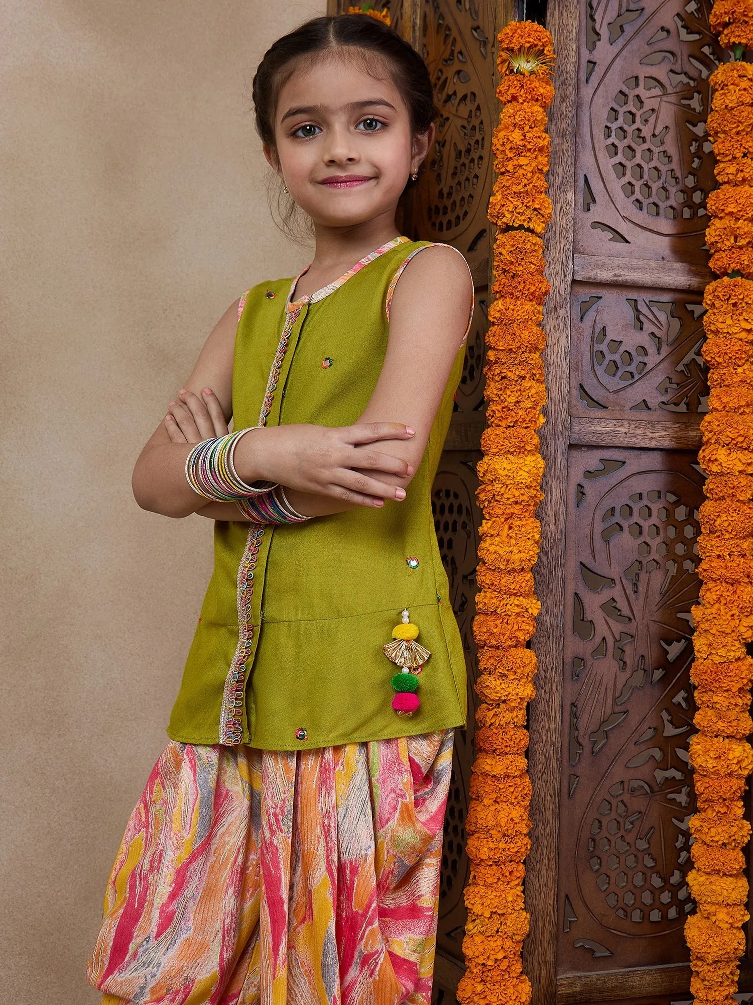 Girls Floral Embroidered Sleeveless A-Line Sequinned Kurti With Dhoti Pants