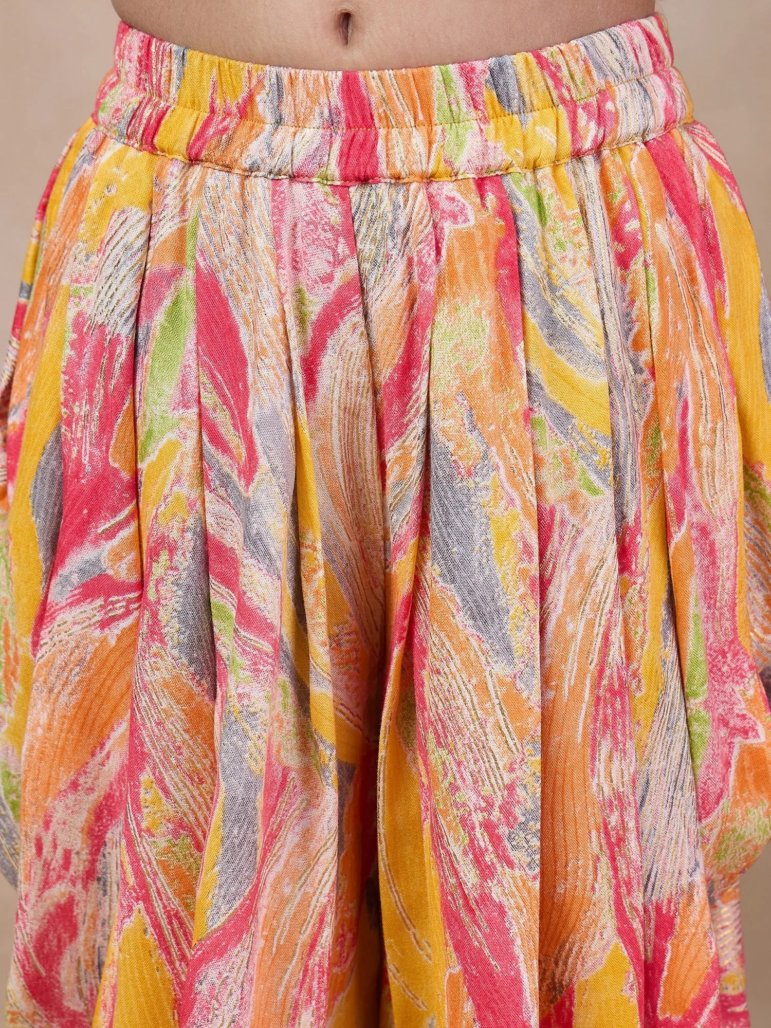 Girls Floral Embroidered Sleeveless A-Line Sequinned Kurti With Dhoti Pants