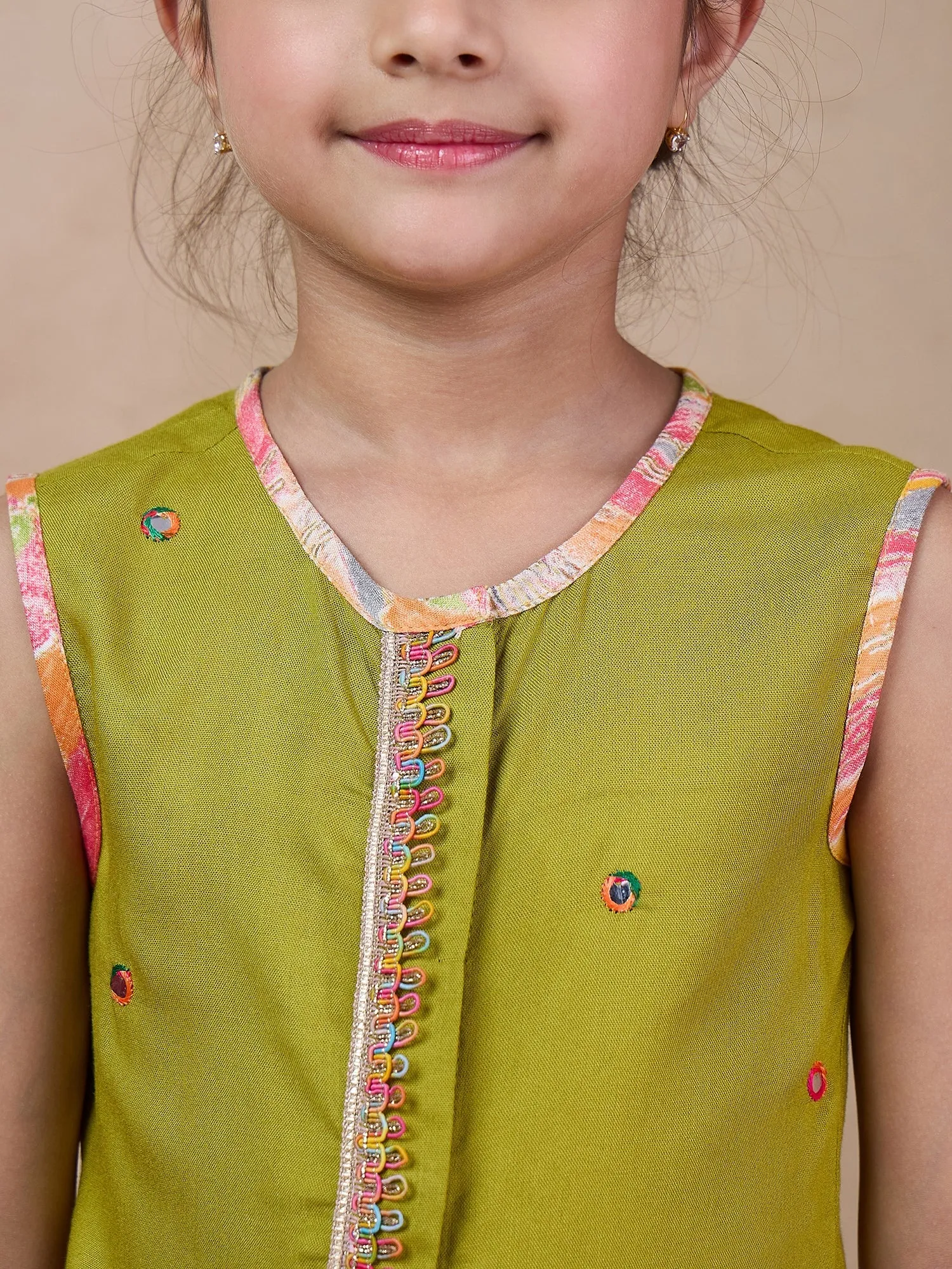Girls Floral Embroidered Sleeveless A-Line Sequinned Kurti With Dhoti Pants