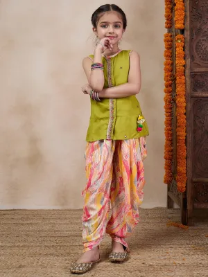 Girls Floral Embroidered Sleeveless A-Line Sequinned Kurti With Dhoti Pants
