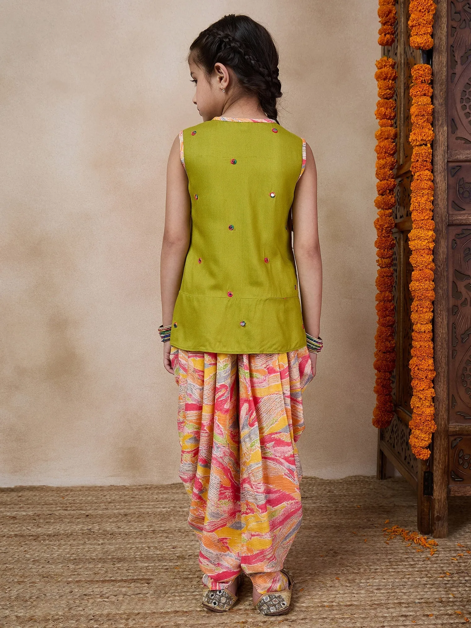 Girls Floral Embroidered Sleeveless A-Line Sequinned Kurti With Dhoti Pants