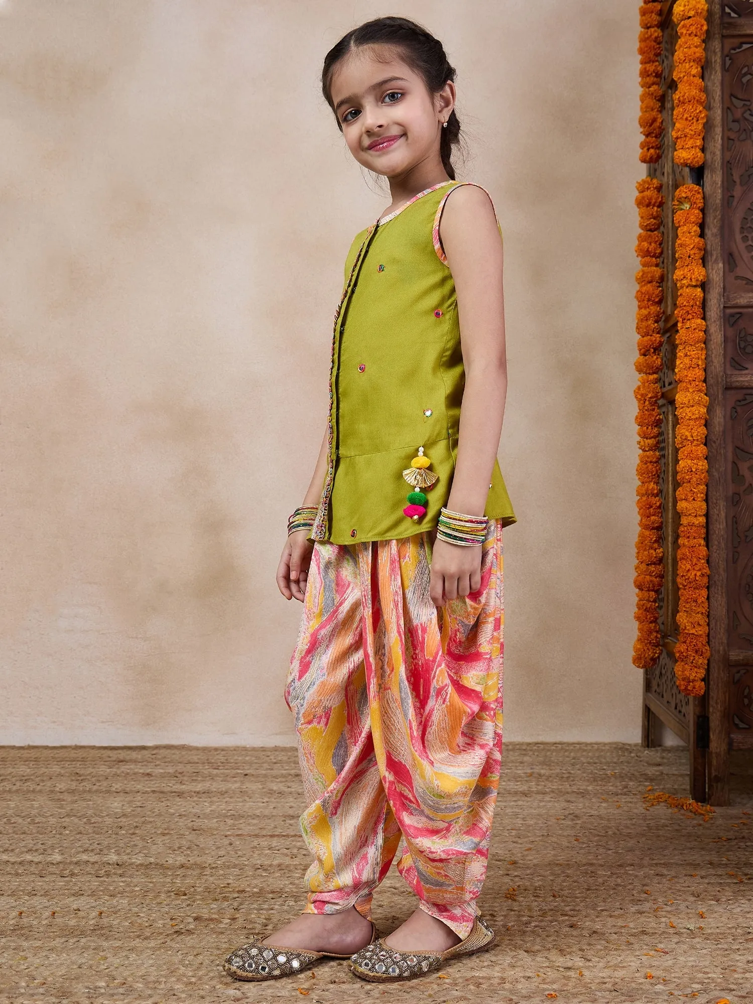 Girls Floral Embroidered Sleeveless A-Line Sequinned Kurti With Dhoti Pants