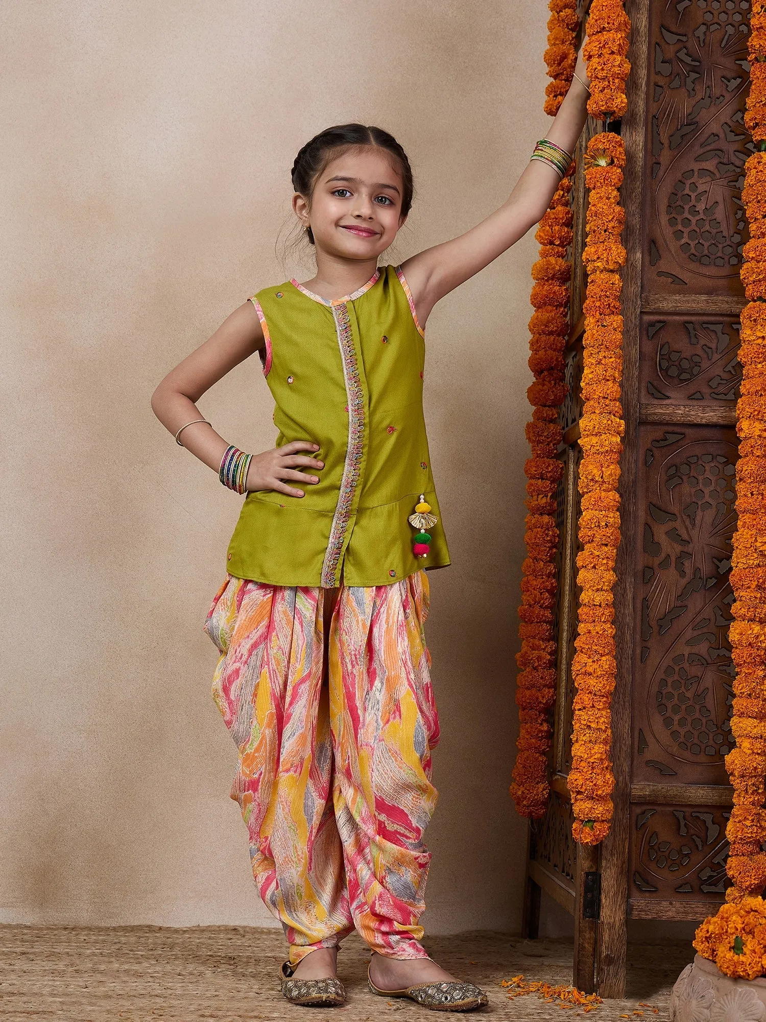 Girls Floral Embroidered Sleeveless A-Line Sequinned Kurti With Dhoti Pants