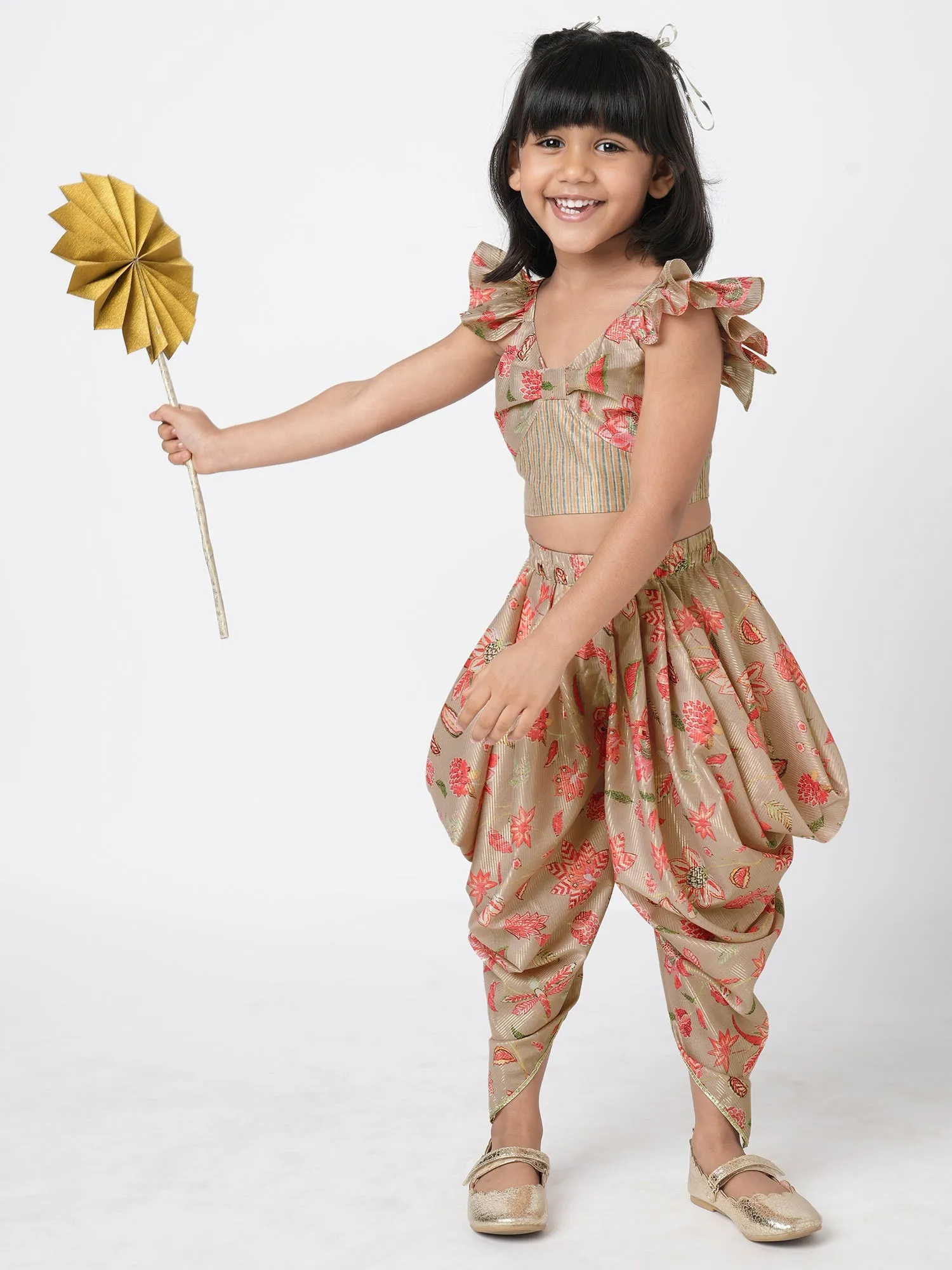 Girls Golden Weaves  Beige Crop Top With Dhoti Co-Ordinate Set - Lil Drama