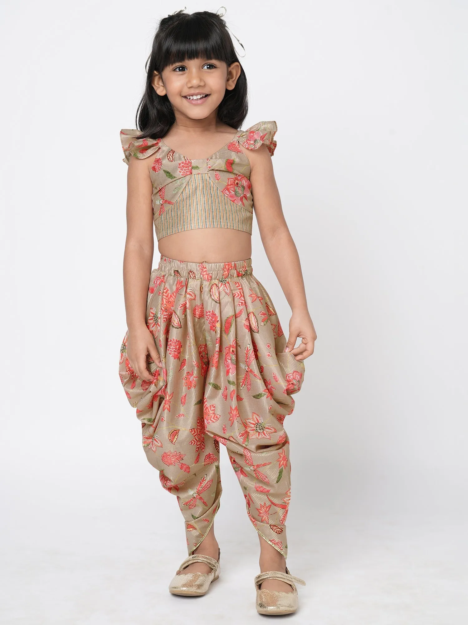 Girls Golden Weaves  Beige Crop Top With Dhoti Co-Ordinate Set - Lil Drama