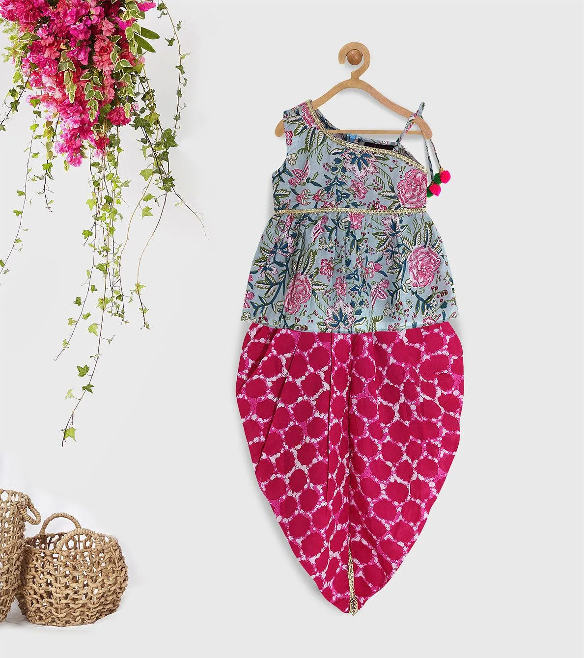 Girls Green Pink Floral Print Kurti With Dhoti Pants - Ps Peaches