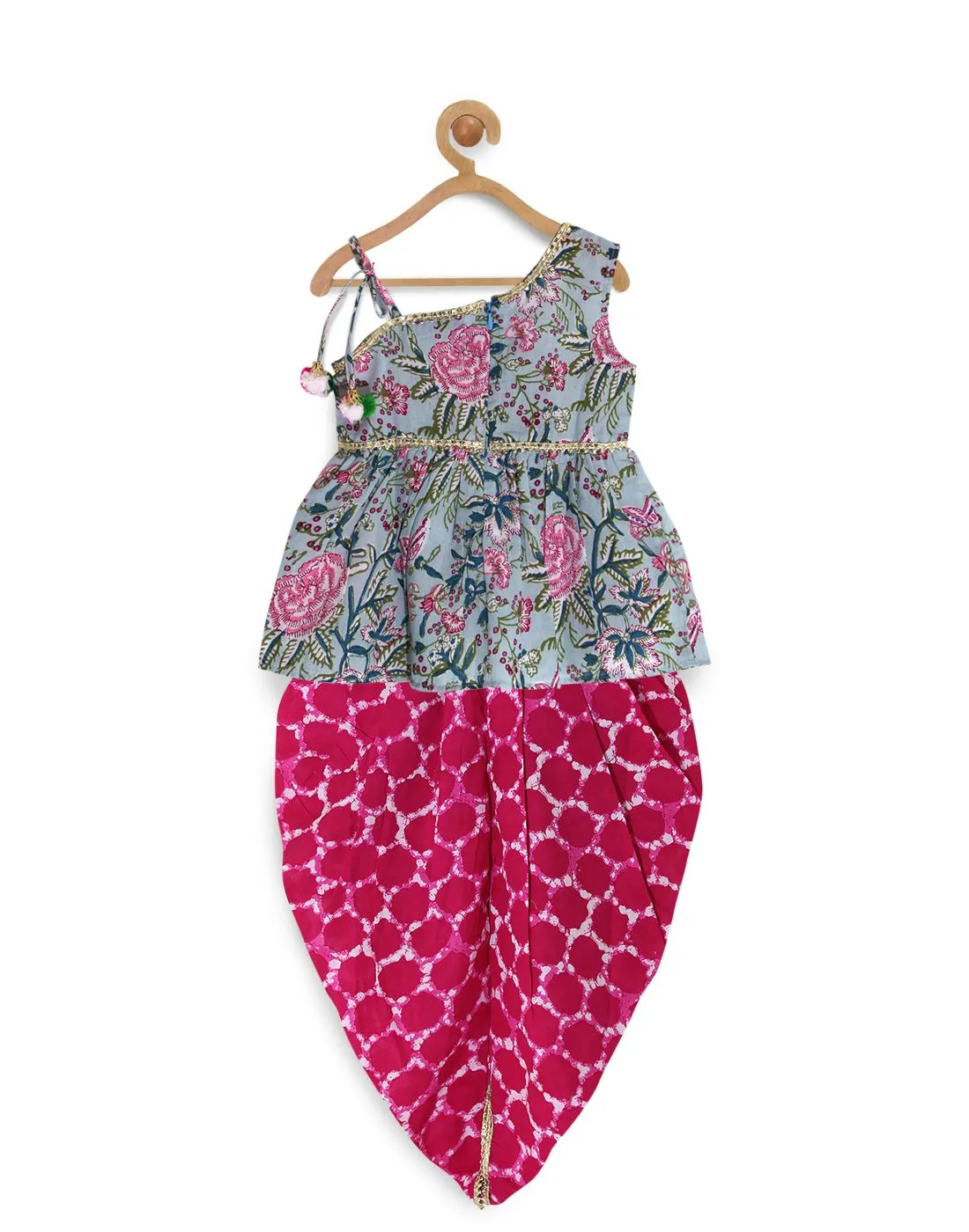 Girls Green Pink Floral Print Kurti With Dhoti Pants - Ps Peaches