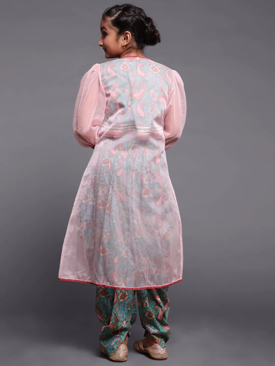 Girl's Light Blue & Pink Floral Printed Top & Dhoti With Organza Jacket Set - Aks Girls