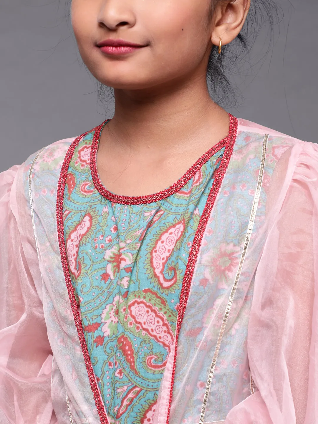 Girl's Light Blue & Pink Floral Printed Top & Dhoti With Organza Jacket Set - Aks Girls