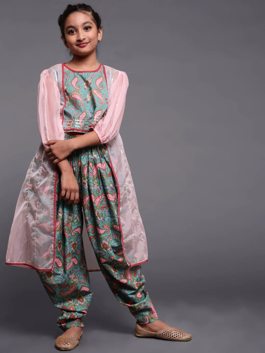 Girl's Light Blue & Pink Floral Printed Top & Dhoti With Organza Jacket Set - Aks Girls