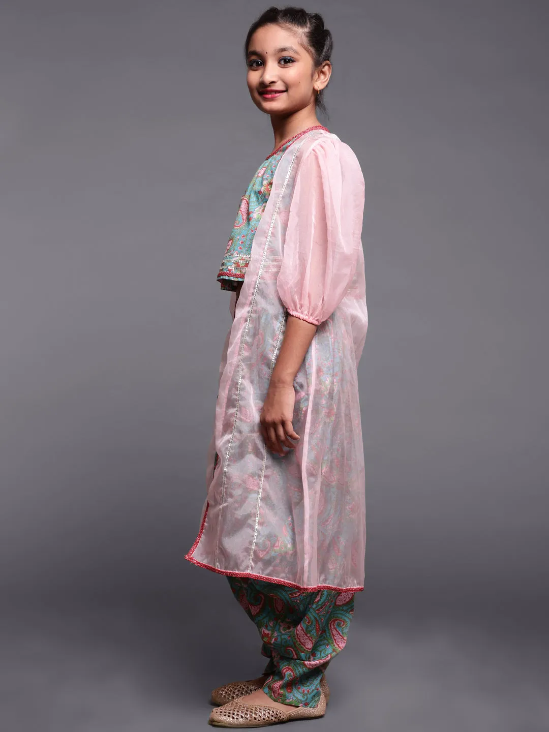 Girl's Light Blue & Pink Floral Printed Top & Dhoti With Organza Jacket Set - Aks Girls