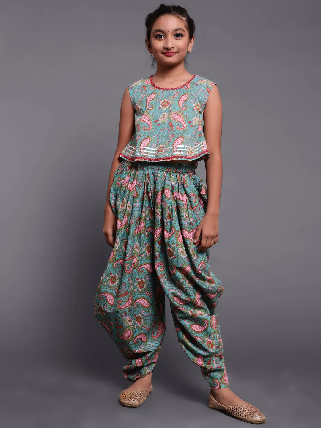 Girl's Light Blue & Pink Floral Printed Top & Dhoti With Organza Jacket Set - Aks Girls