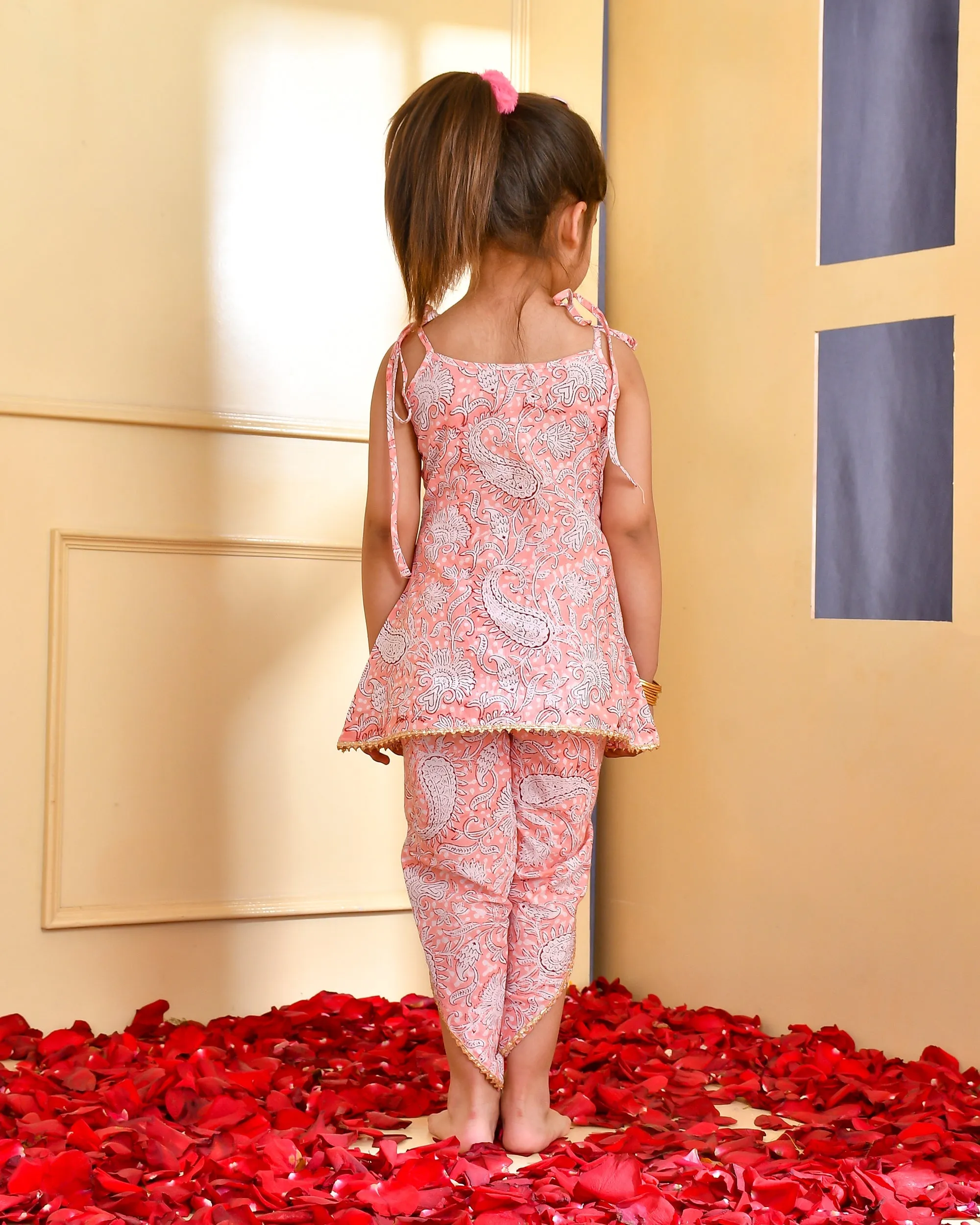 Girl's Peach Block Print Kurta Dhoti Set - Rangpur