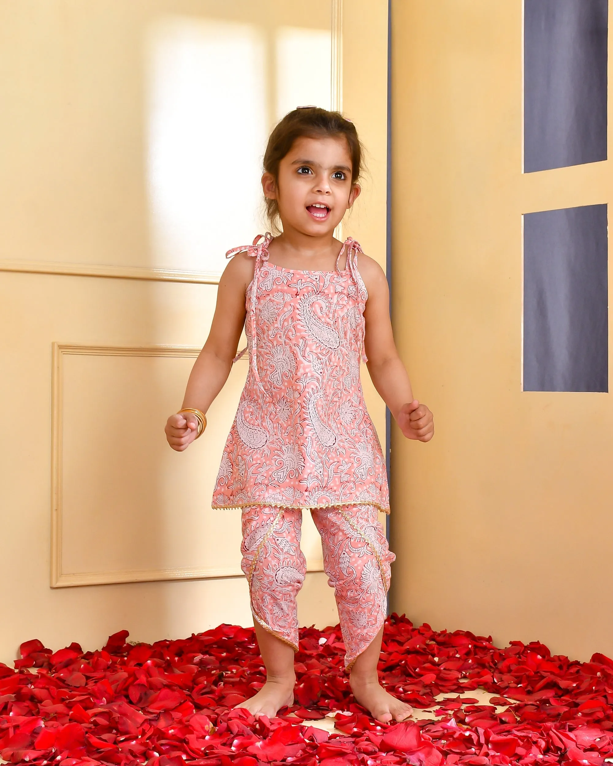 Girl's Peach Block Print Kurta Dhoti Set - Rangpur