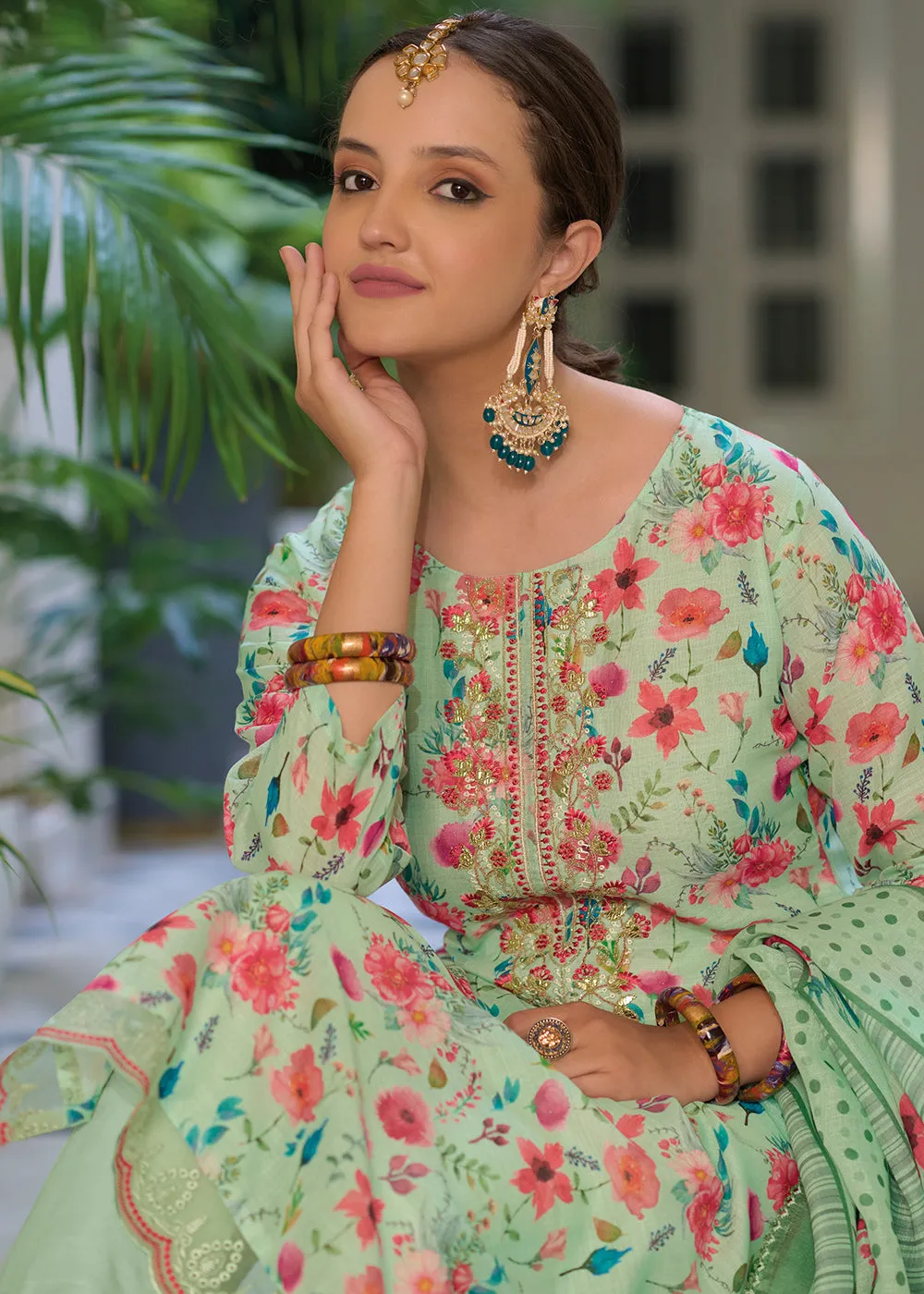 Gota Patti Embroidered Green Lilen Ethnic Salwar Suit