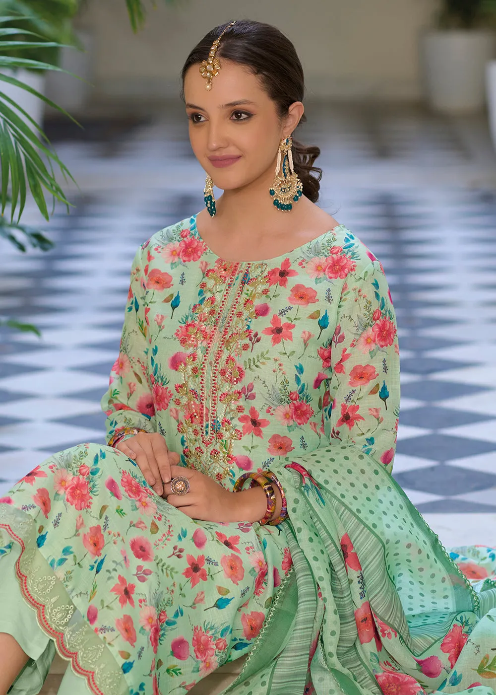Gota Patti Embroidered Green Lilen Ethnic Salwar Suit