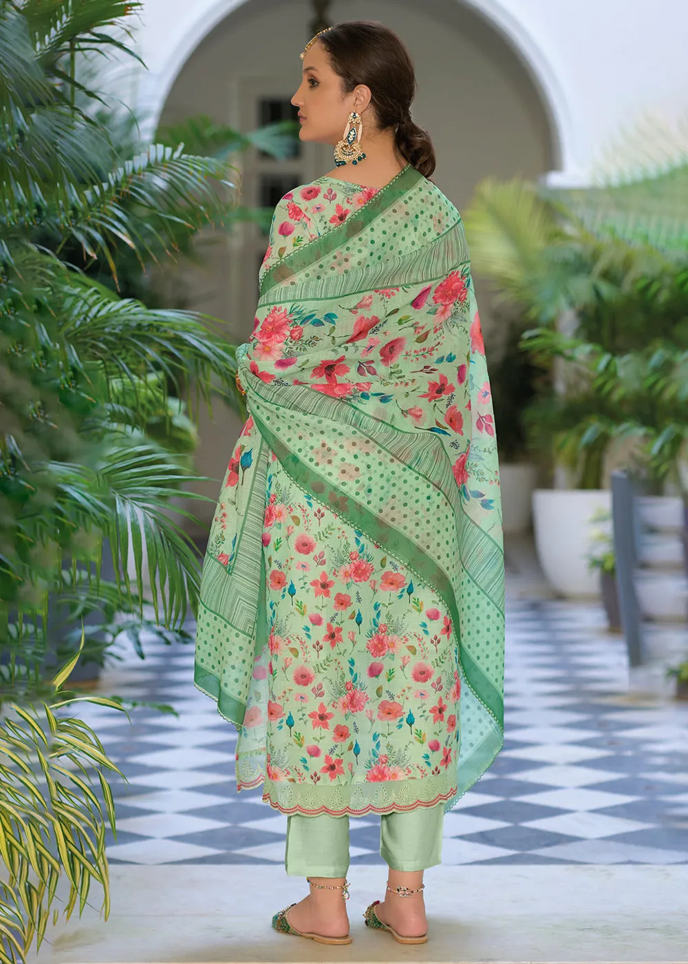 Gota Patti Embroidered Green Lilen Ethnic Salwar Suit