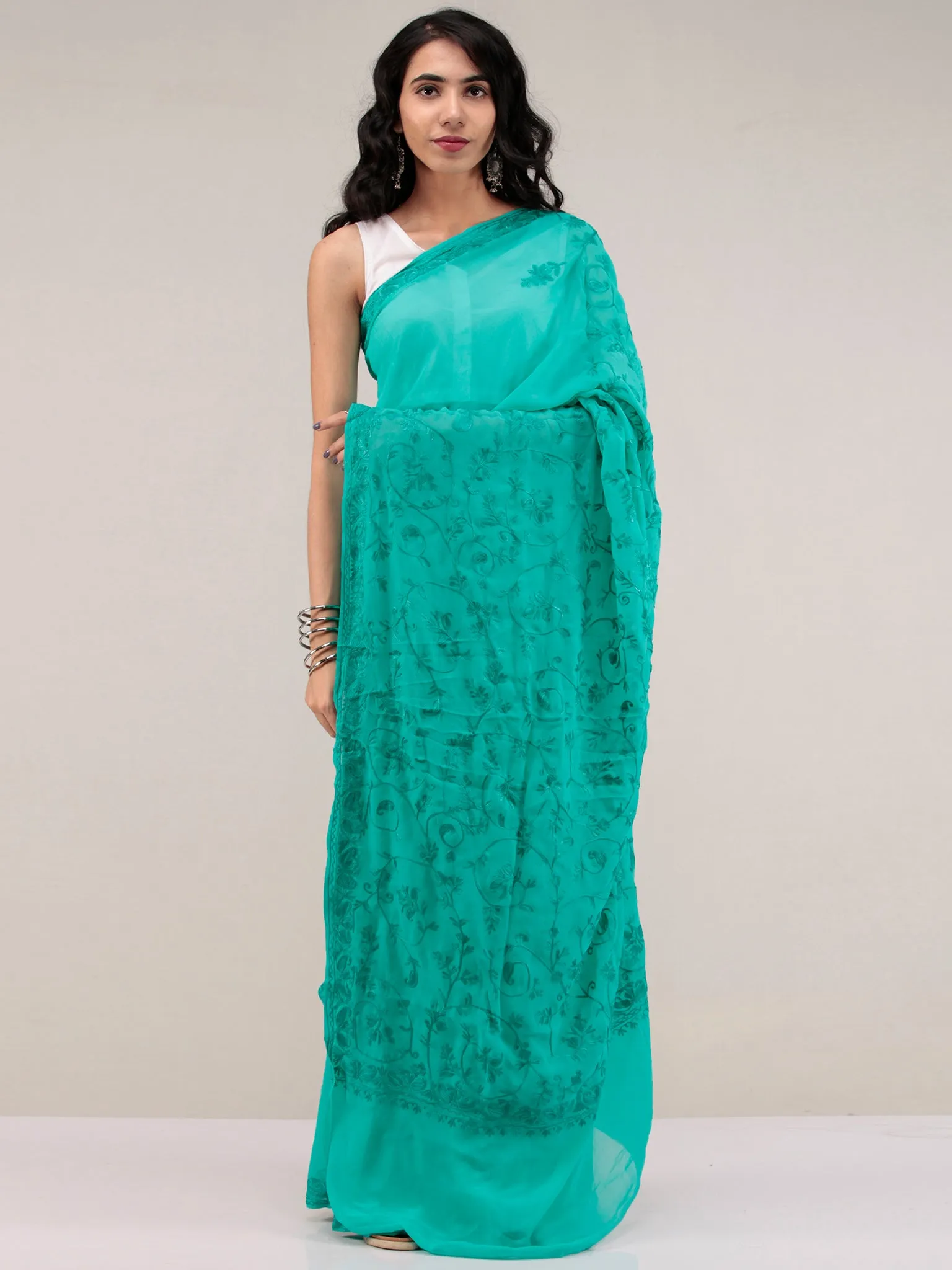 Green Aari Embroidered Georgette Saree From Kashmir - S031704643