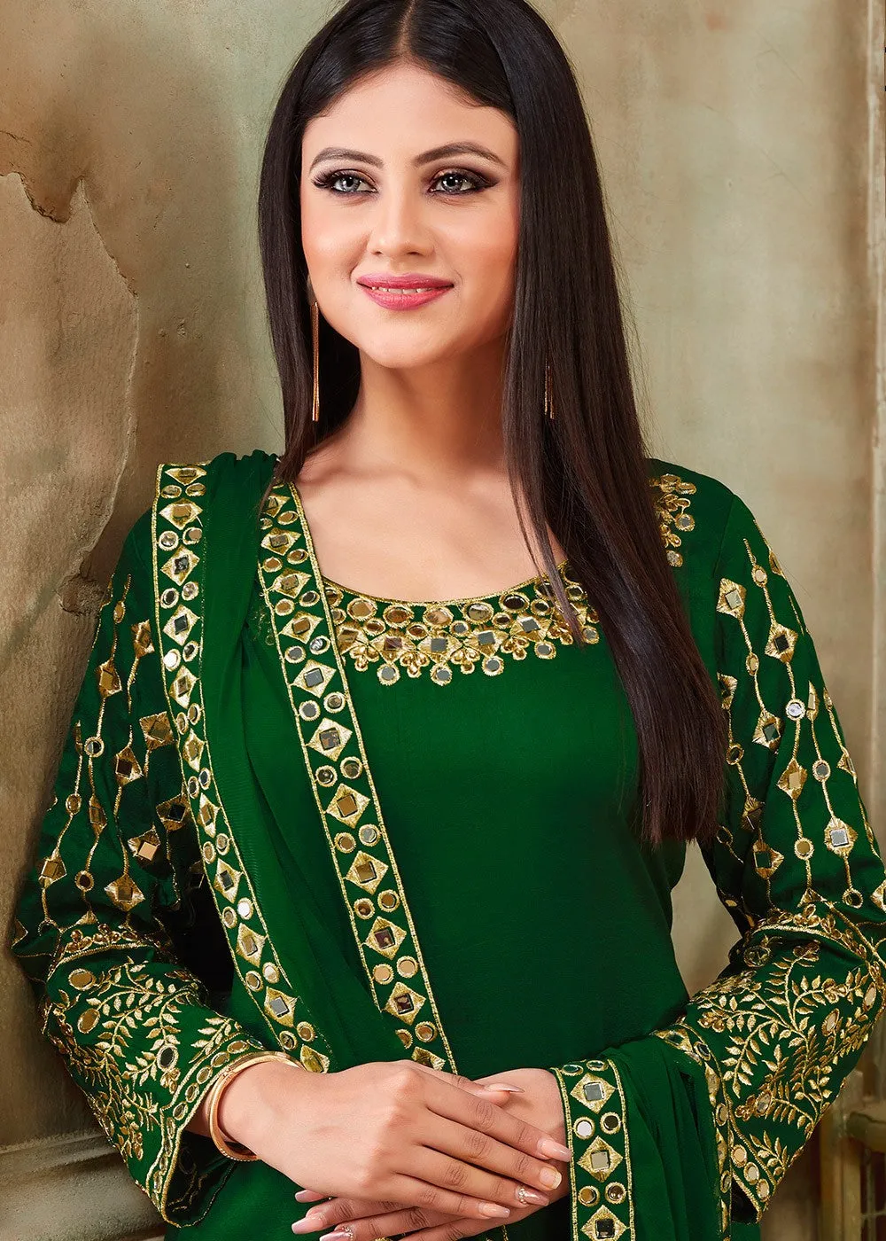 Green Art Silk Mirror Work Patiala Suit