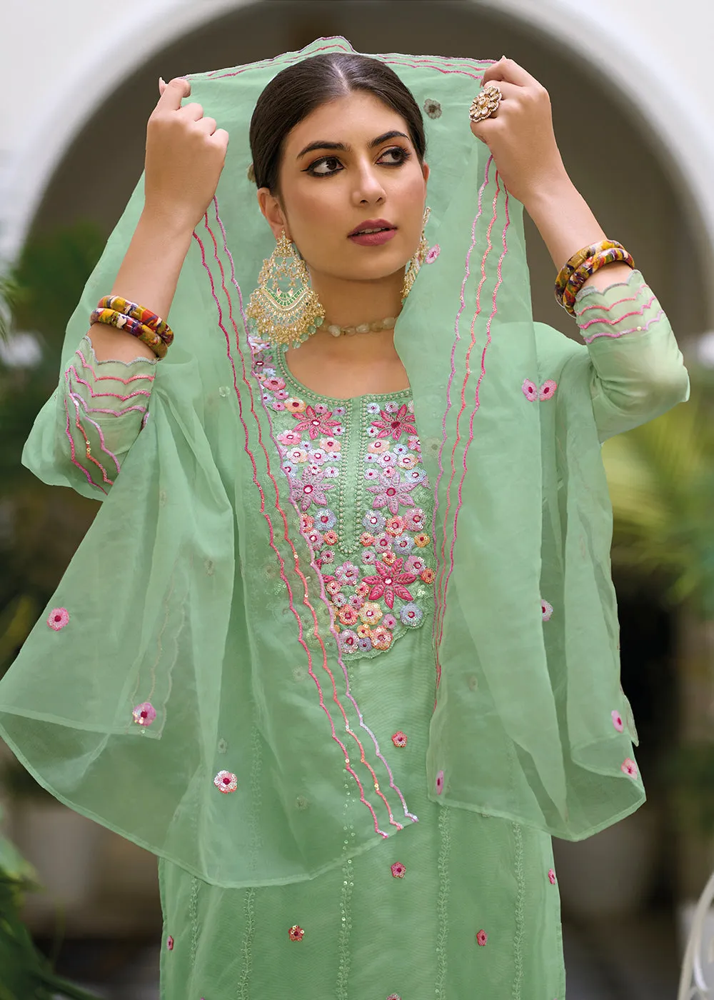 Green Color Embroidered Organza Pant Style Salwar Suit