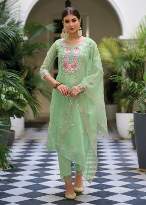 Green Color Embroidered Organza Pant Style Salwar Suit