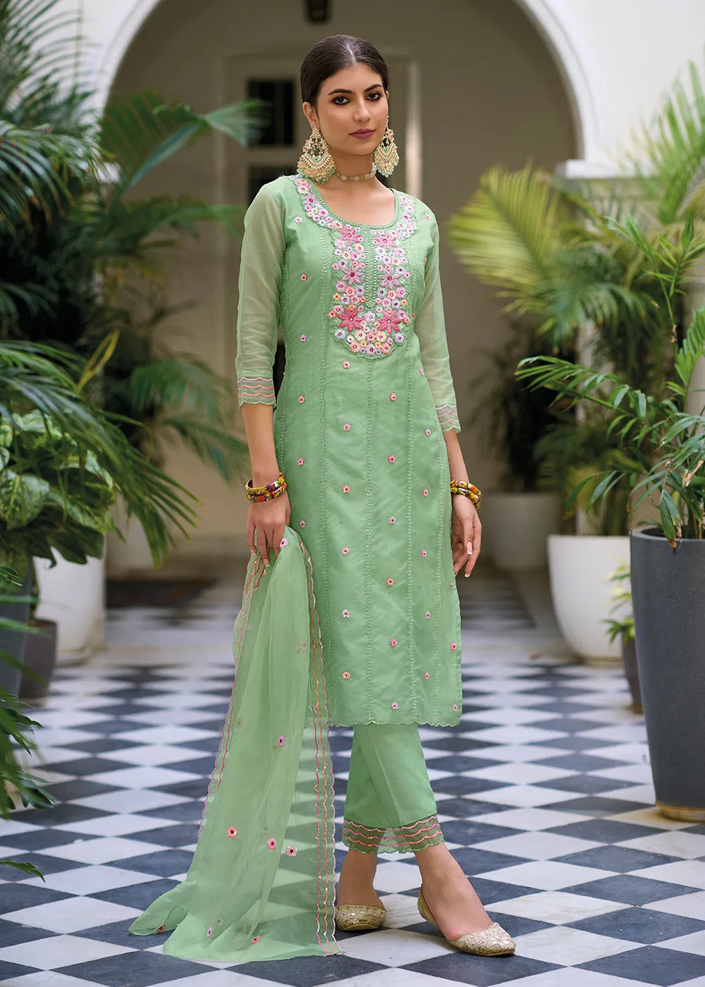Green Color Embroidered Organza Pant Style Salwar Suit