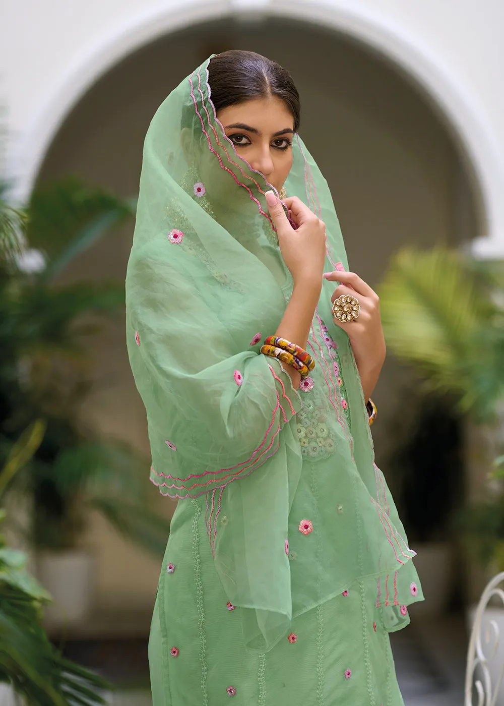 Green Color Embroidered Organza Pant Style Salwar Suit