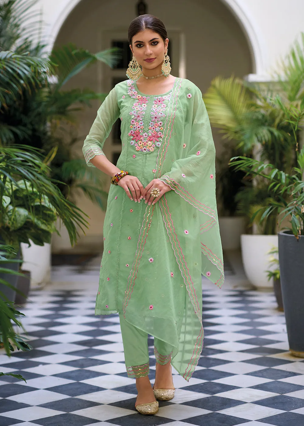 Green Color Embroidered Organza Pant Style Salwar Suit