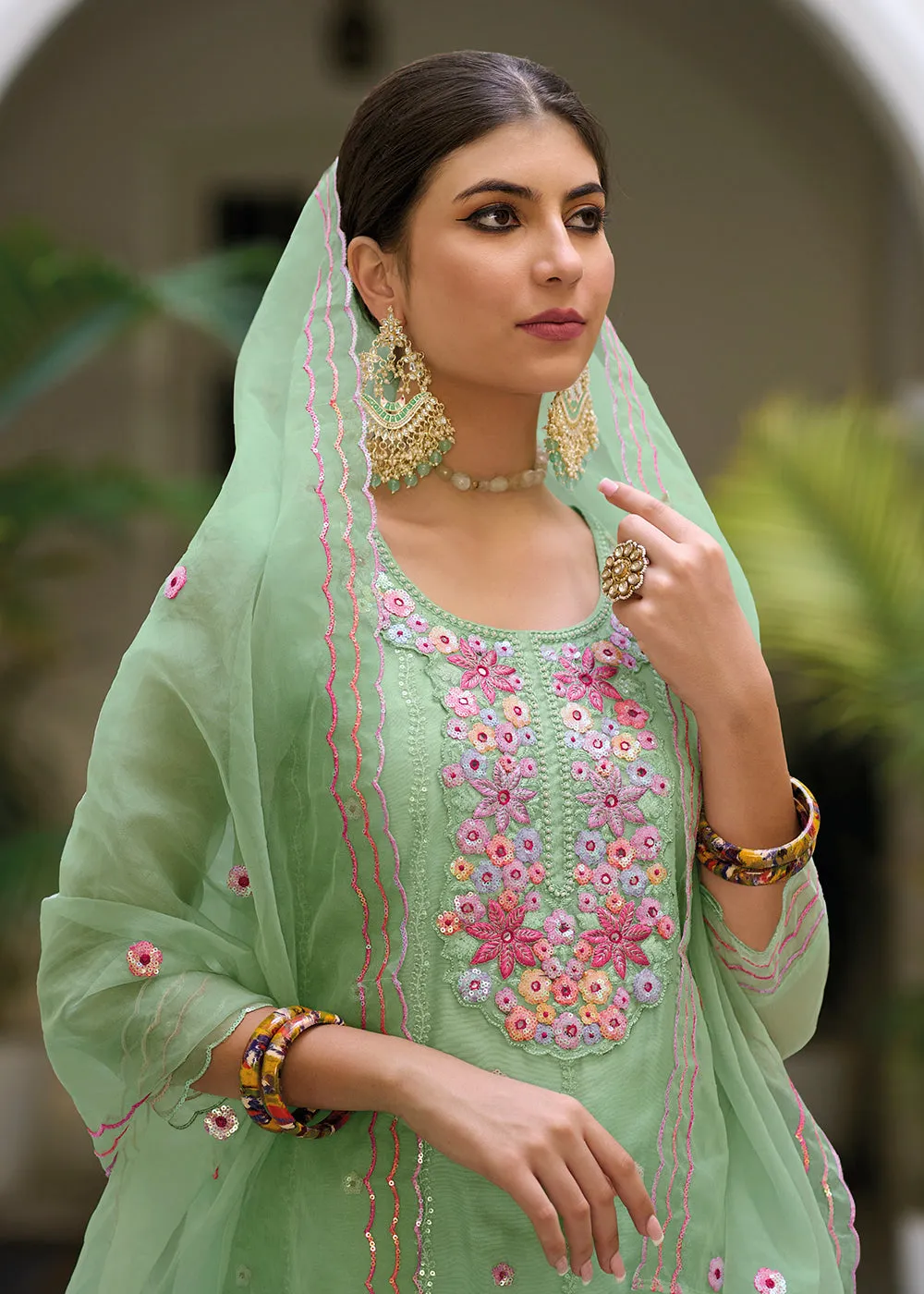 Green Color Embroidered Organza Pant Style Salwar Suit