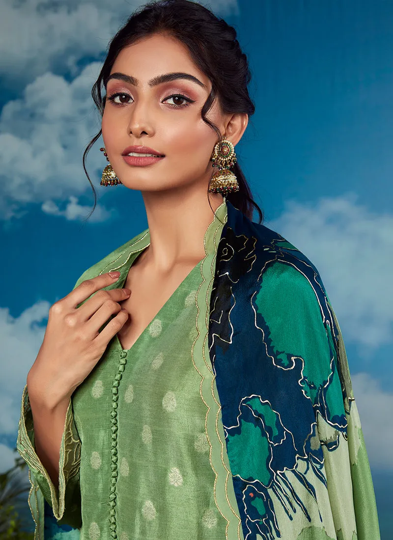 Green Golden Embroidery Festive Salwar Kameez