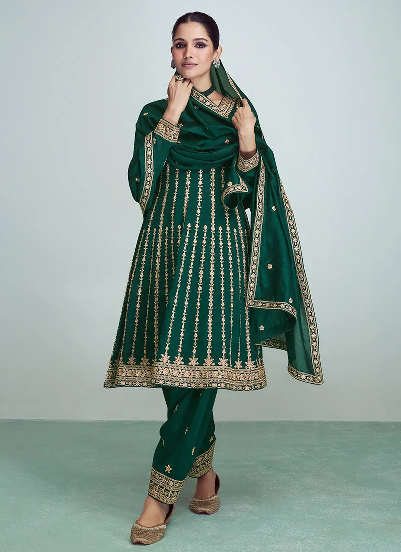 Green Golden Sequence Embroidery Anarkali Pant Suit