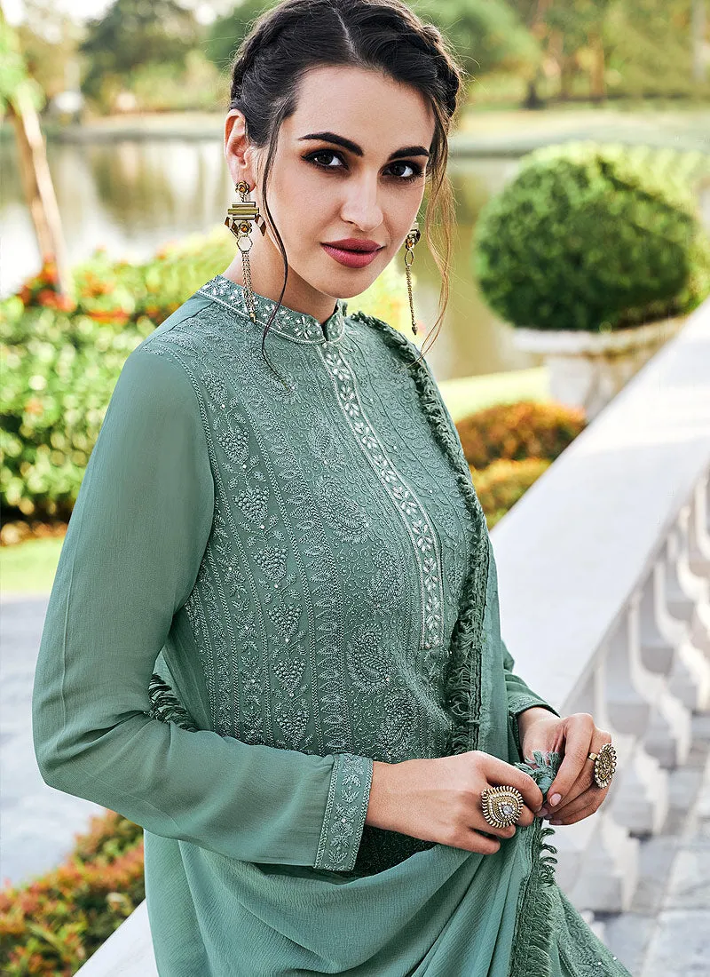 Green Lucknowi Embroidered Pants Style Suit