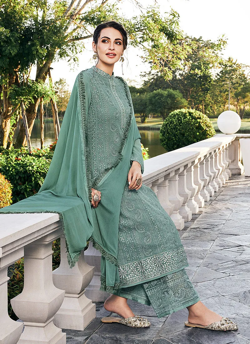 Green Lucknowi Embroidered Pants Style Suit