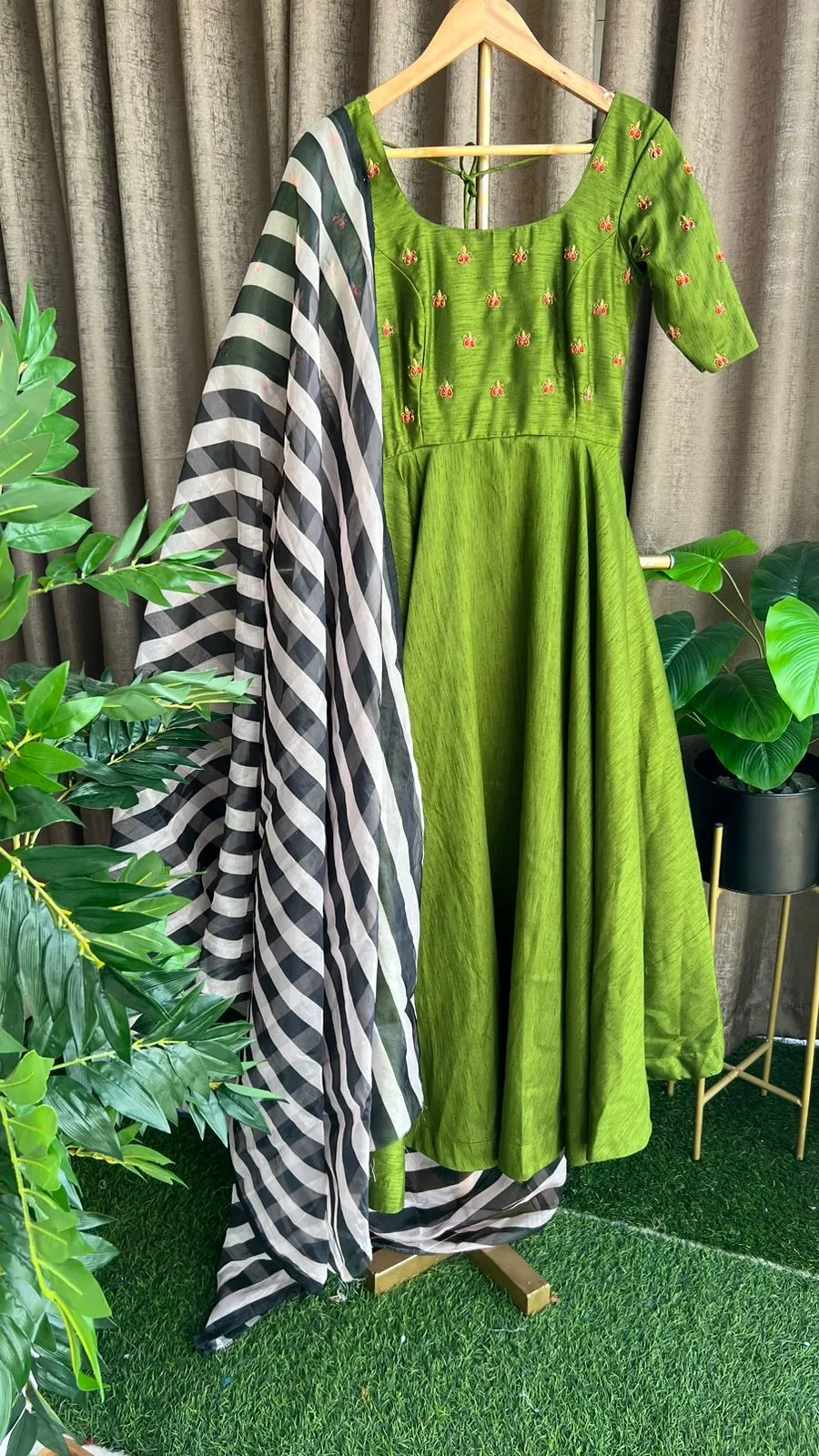 Green silk salwar suit of hand worked top and Duppata