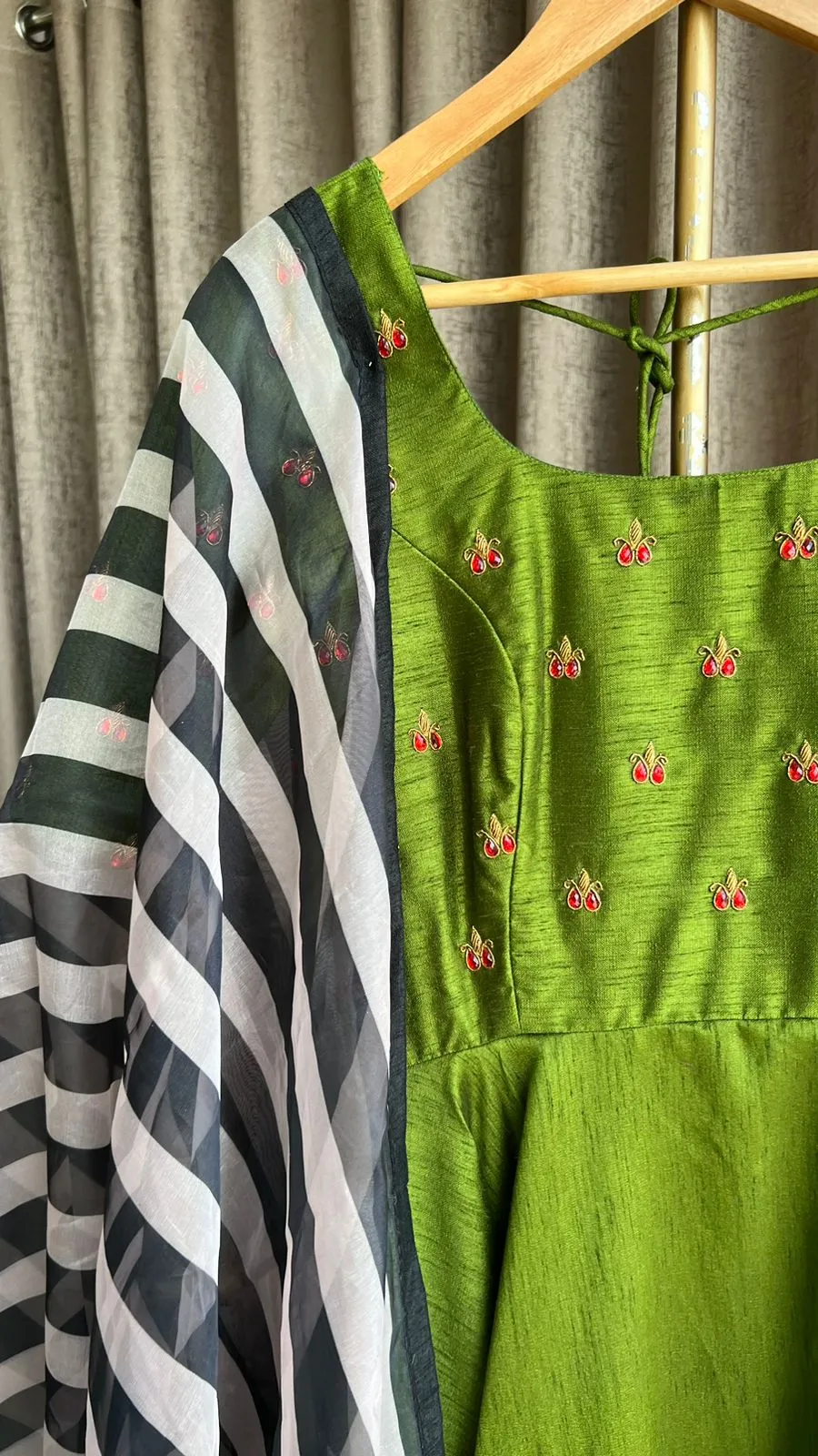 Green silk salwar suit of hand worked top and Duppata