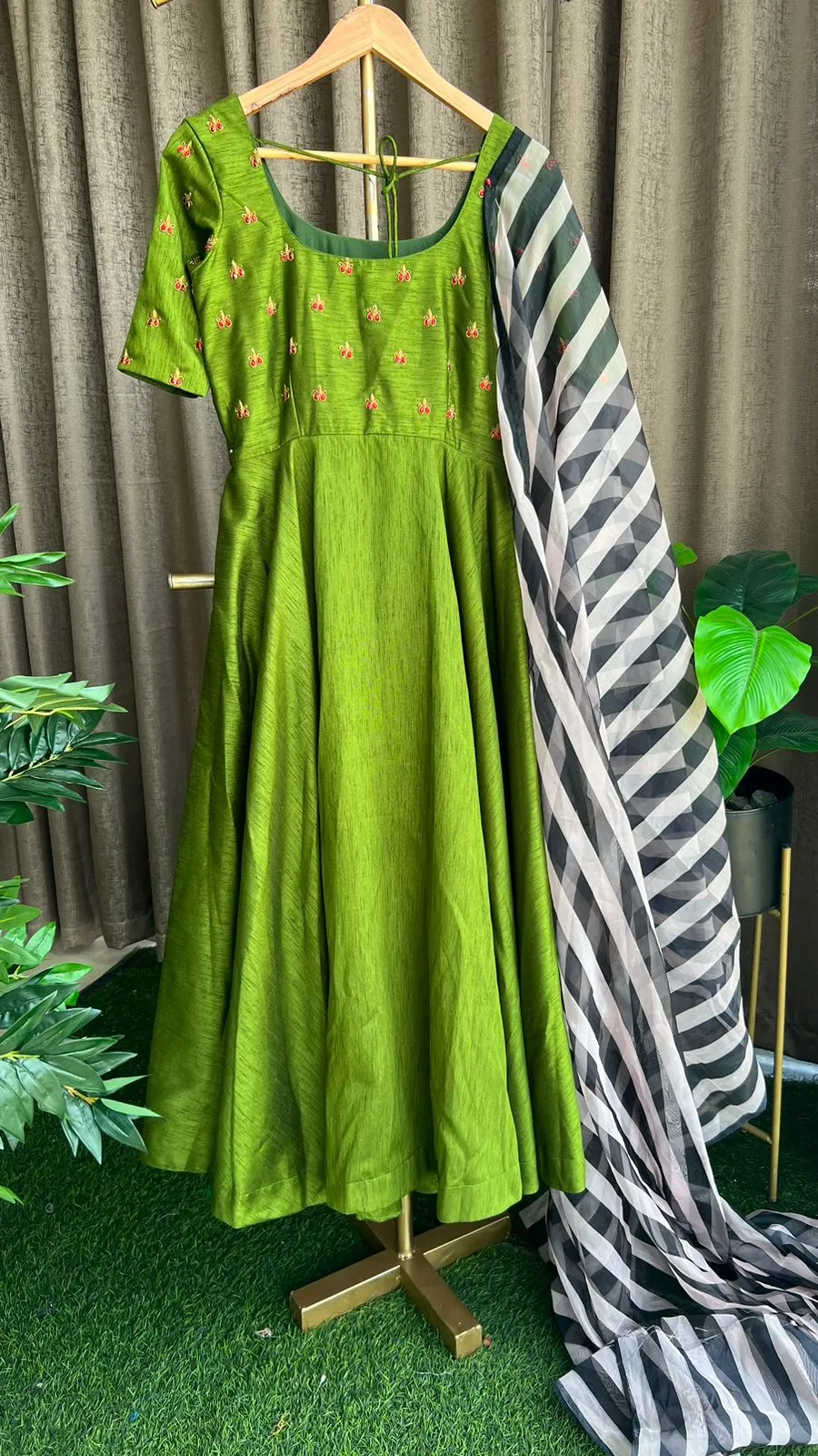 Green silk salwar suit of hand worked top and Duppata
