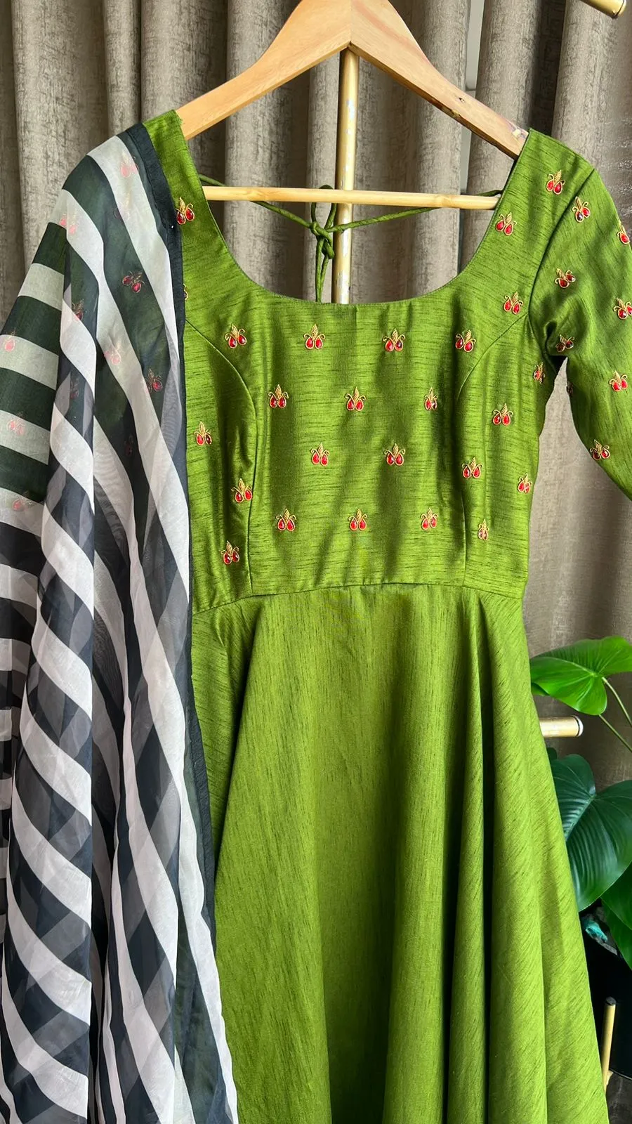 Green silk salwar suit of hand worked top and Duppata