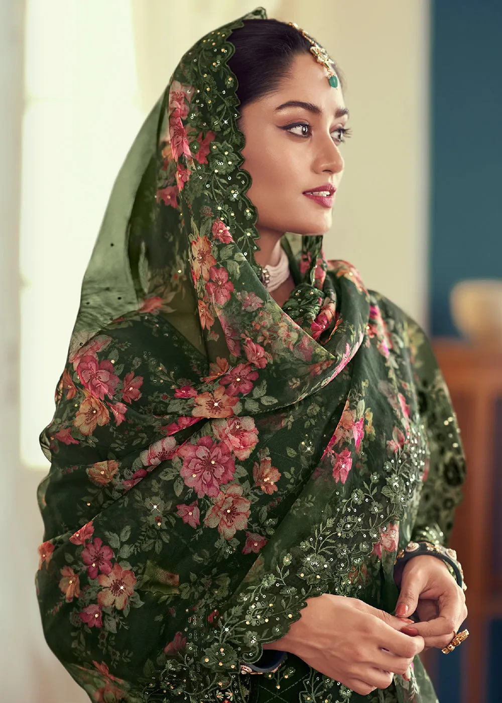 Heavy Embroidered Classy Green Georgette Festive Salwar Suit
