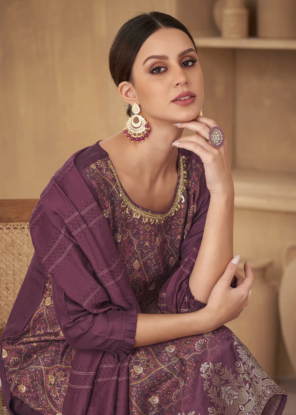 Inventive Purple Russian Silk Embroidered Pant Style Suit
