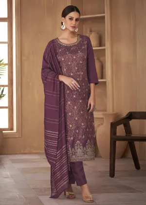 Inventive Purple Russian Silk Embroidered Pant Style Suit