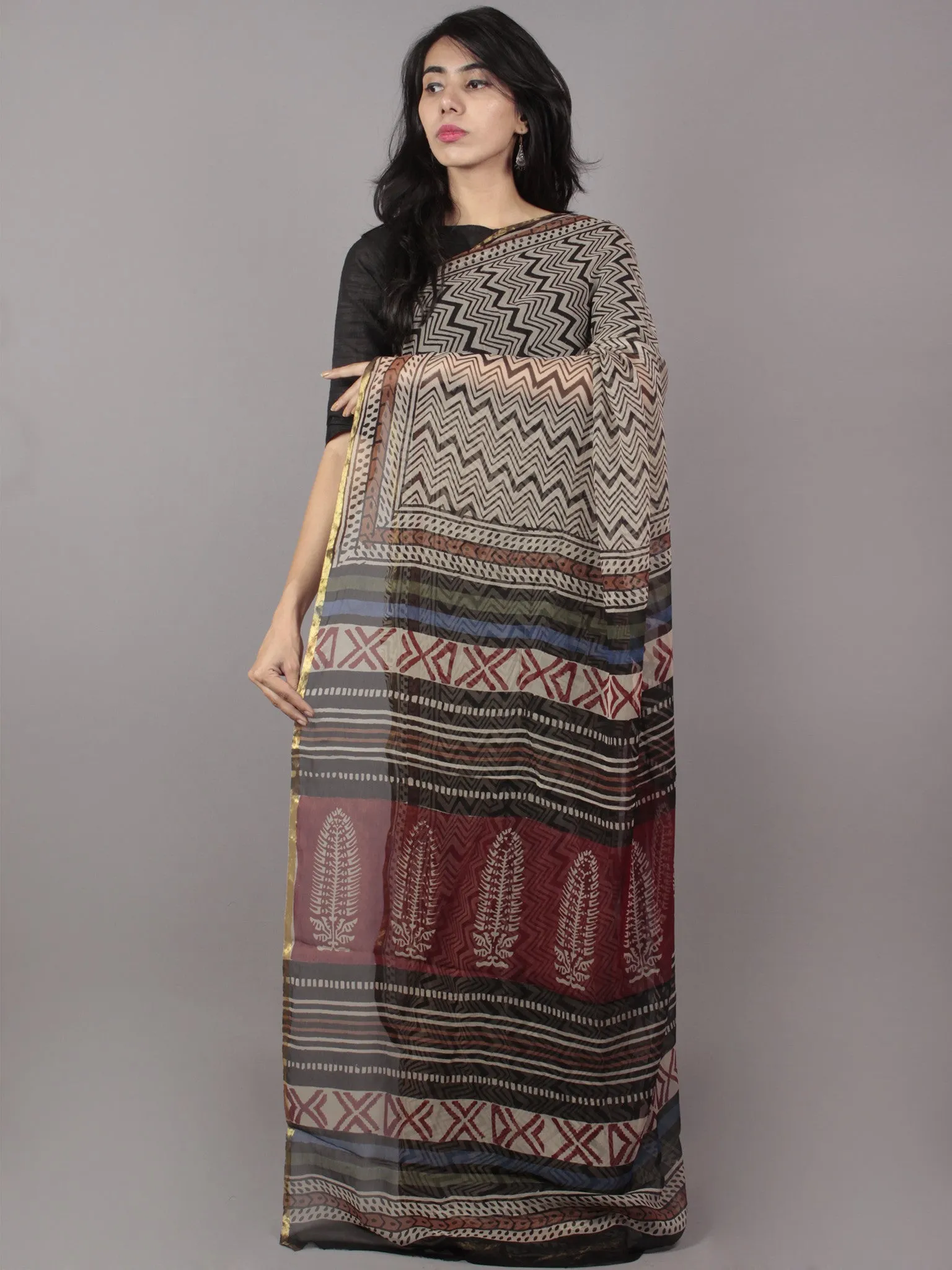 Ivory Black Hand Block Printed Chiffon Saree - S031701693
