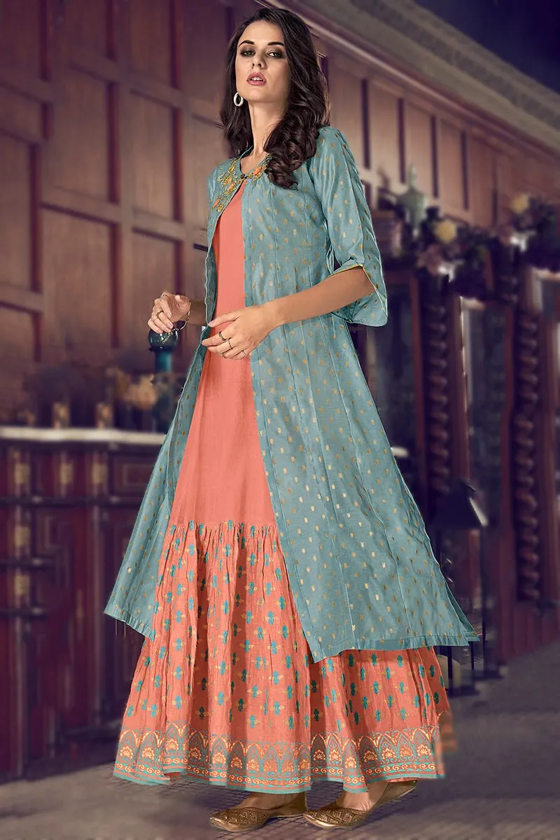 Jacket Style Dazzling Peach Embroidered Designer Suit