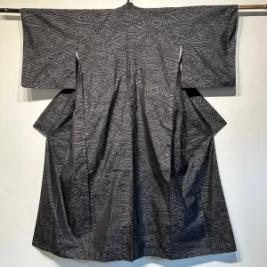 Japanese Oshima Silk Kimono Black Wave Motif